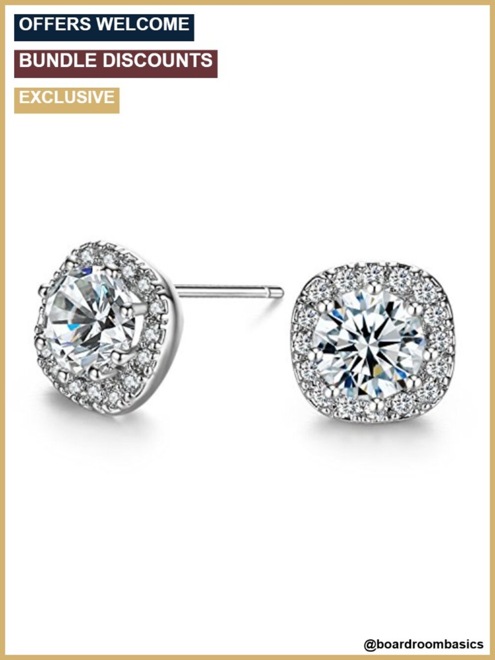 Platinum Plated Cubic Zirconia Cushion Halo Stud Earrings